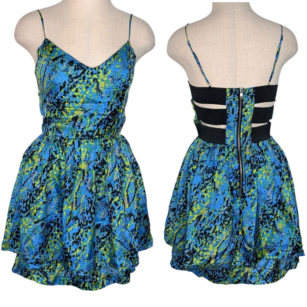 Greylin Silk Mini Dress S Blue Yellow Snakeskin Cutout Strappy Back KD1161